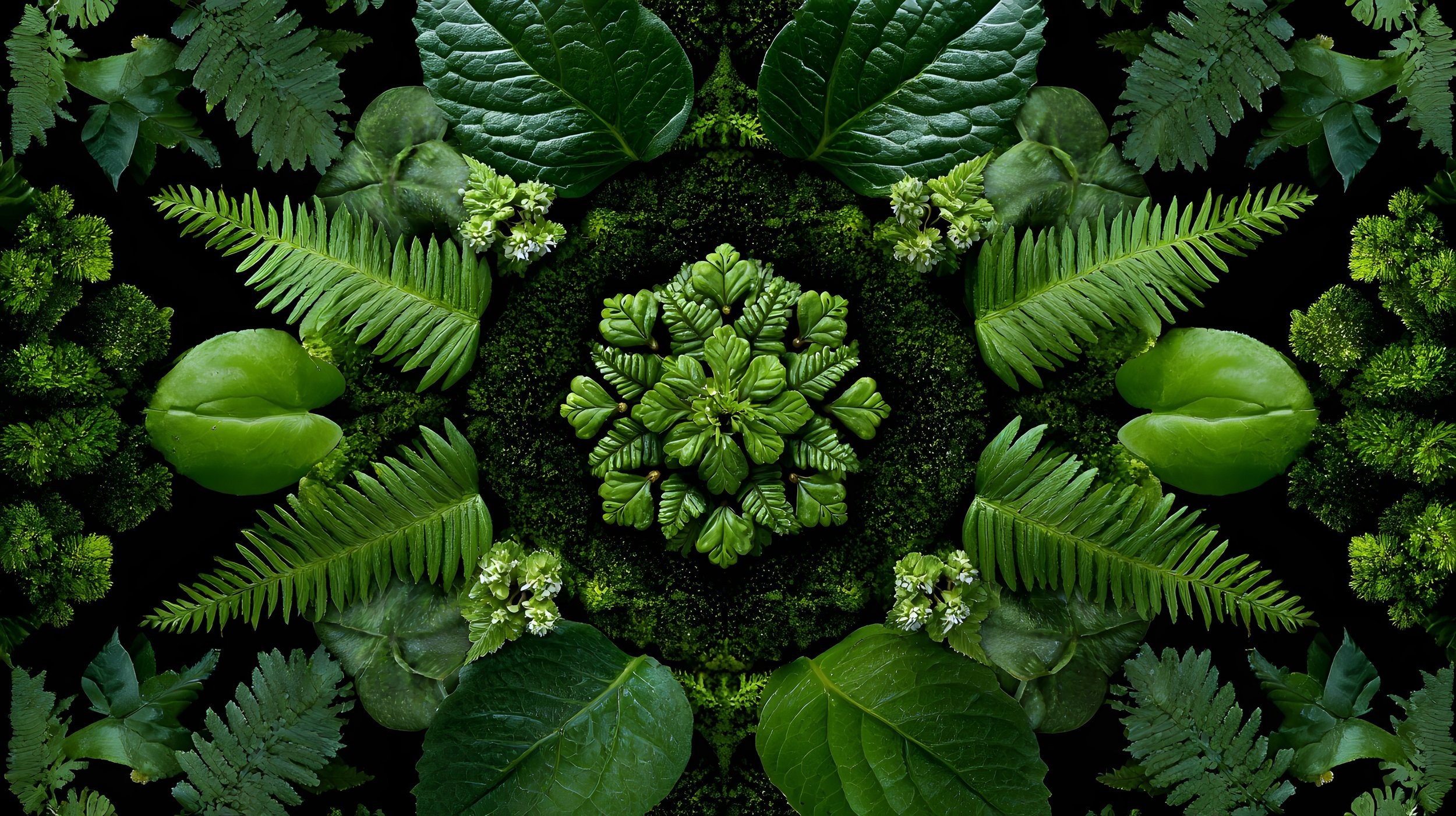 Symmetrical arrangement of various green leaves and small white flowers on a black background.