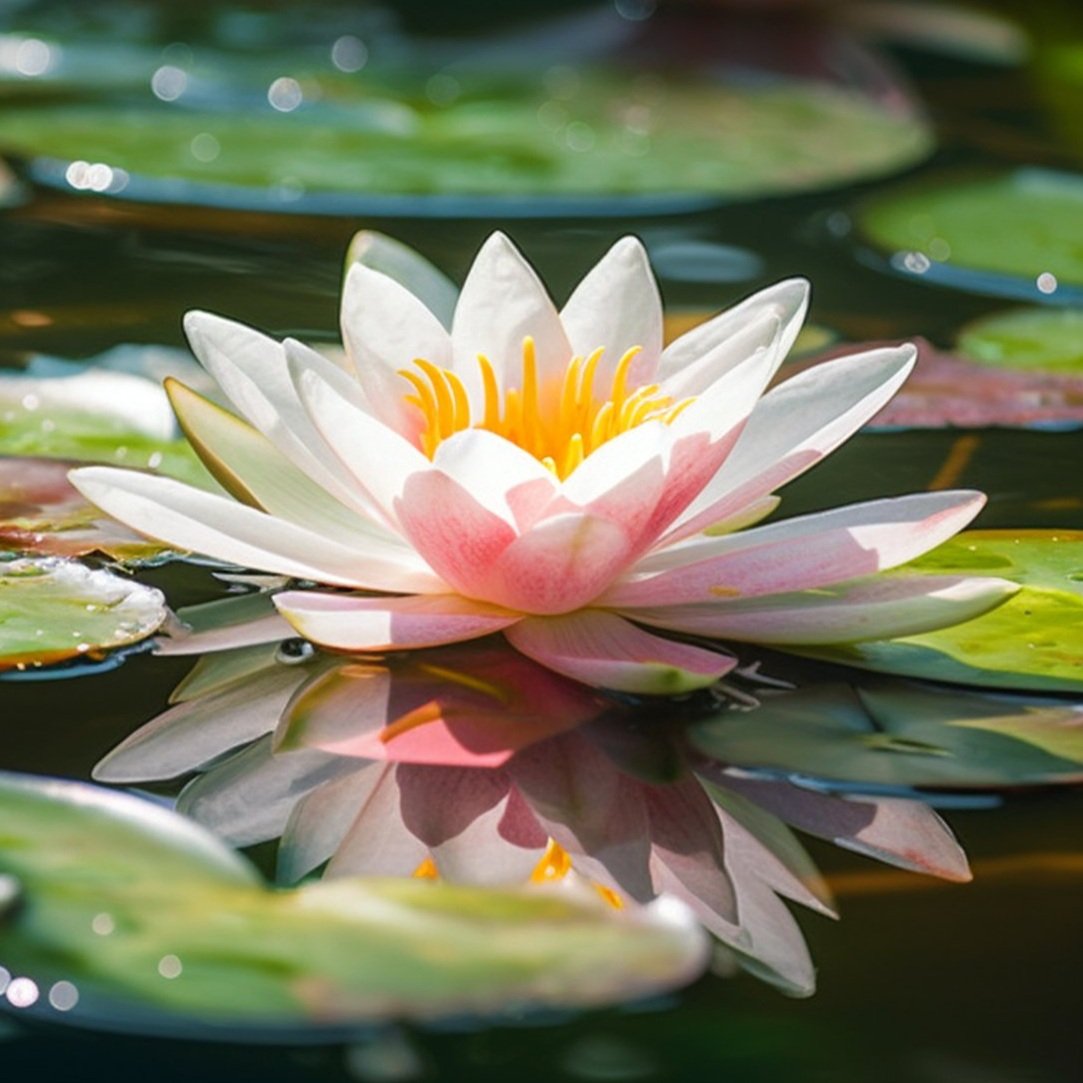 A close-up of a white and pink water lily with yellow stamens, floating on a pond with green lily pads.