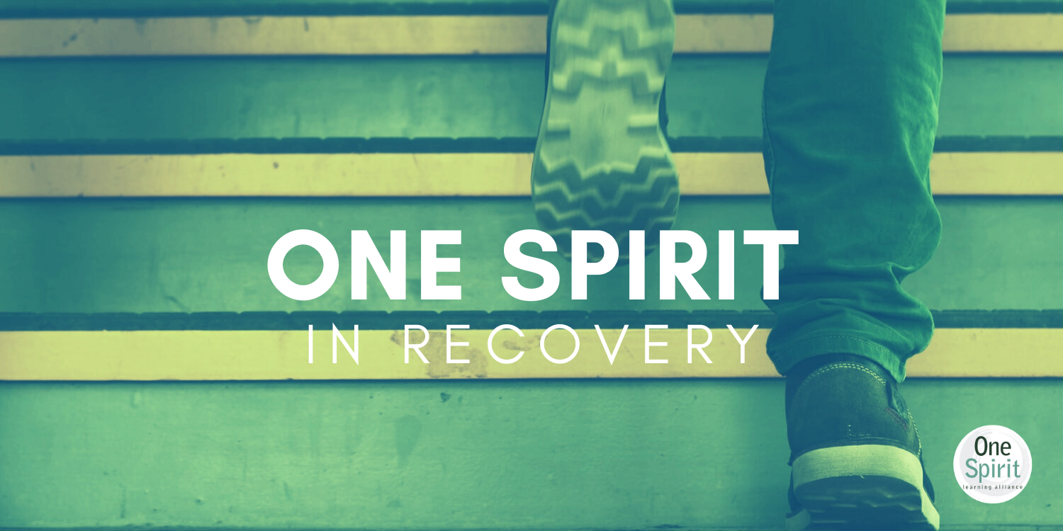 Close-up of a person walking up outdoor stairs, wearing dark sneakers and green pants, with overlaid text 'One Spirit in Recovery' and a small circle logo 'One Spirit learning alliance' in the bottom right corner.