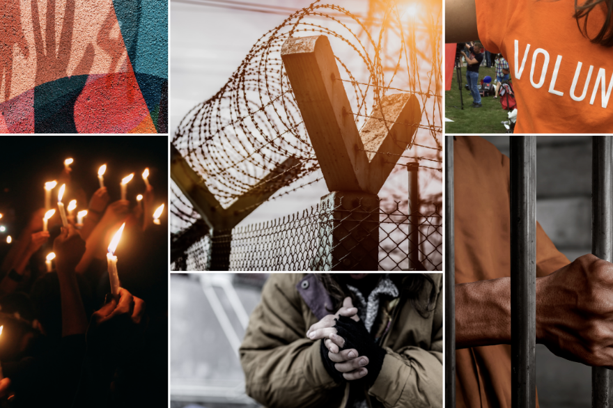 Collage of images including a protest or demonstration with candles, barbed wire fence with a wooden post, person wearing an orange volunteer shirt, person behind bars, and a person with hands clasped in front of their face.