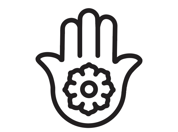 Line drawing of a hand with a gear symbol inside the palm.